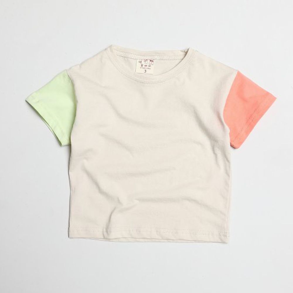 韓國製 - 撞色袖拼接純棉T-綠X粉