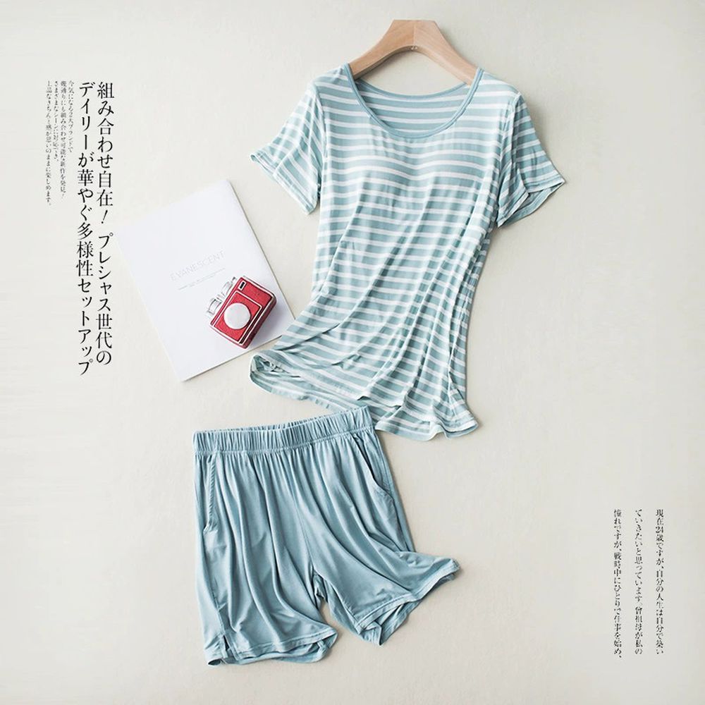 莫代爾絲柔Bra家居服套裝-短袖X短褲-綠白條紋