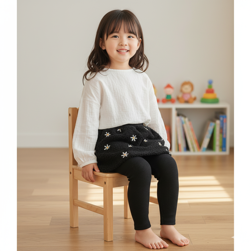 10分裙褲-刷毛 刺繡-黑色