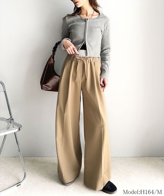 日本 Classical Elf - 腰部層次皺摺休閒舒適大寬褲-炭灰