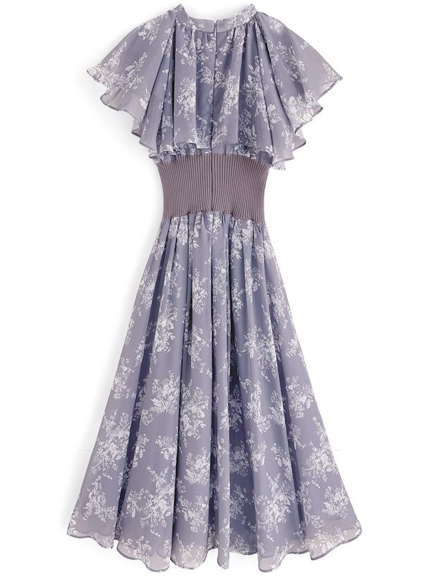 日本 GRL - 甜美小V領荷葉袖收腰碎花洋裝-星塵藍