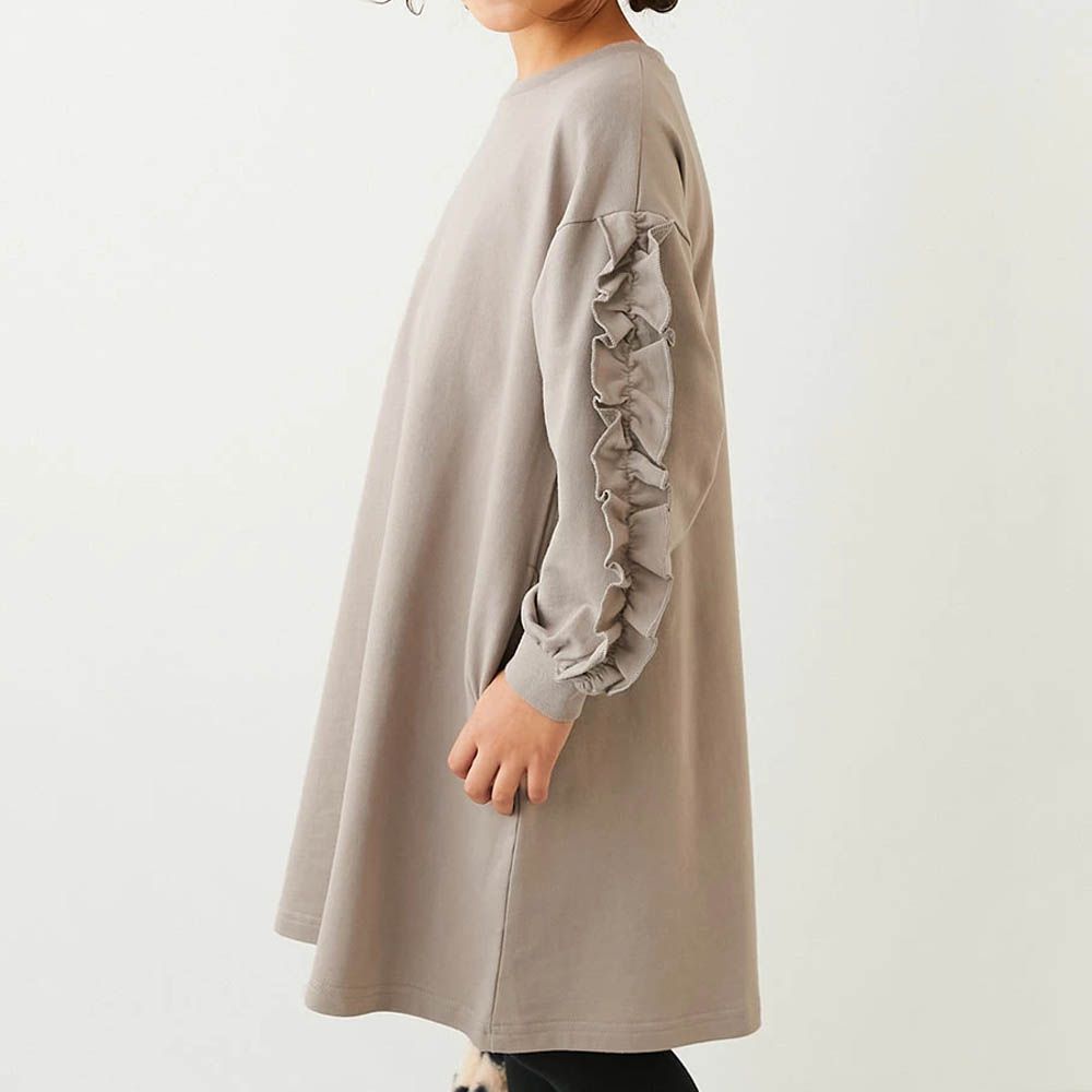 純棉甜美花邊縮口長袖洋裝-袖子荷葉-灰杏