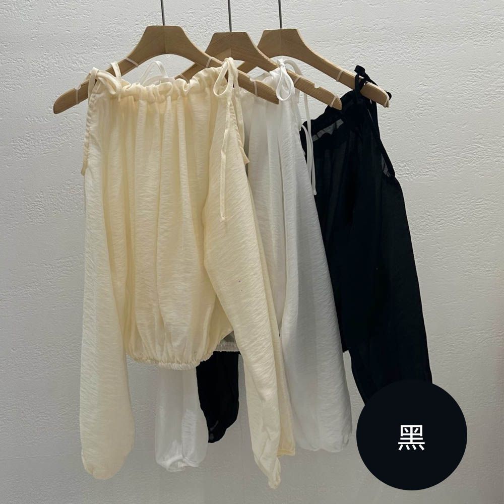 抽繩挖肩透膚雪紡襯衫-黑 (FREE)