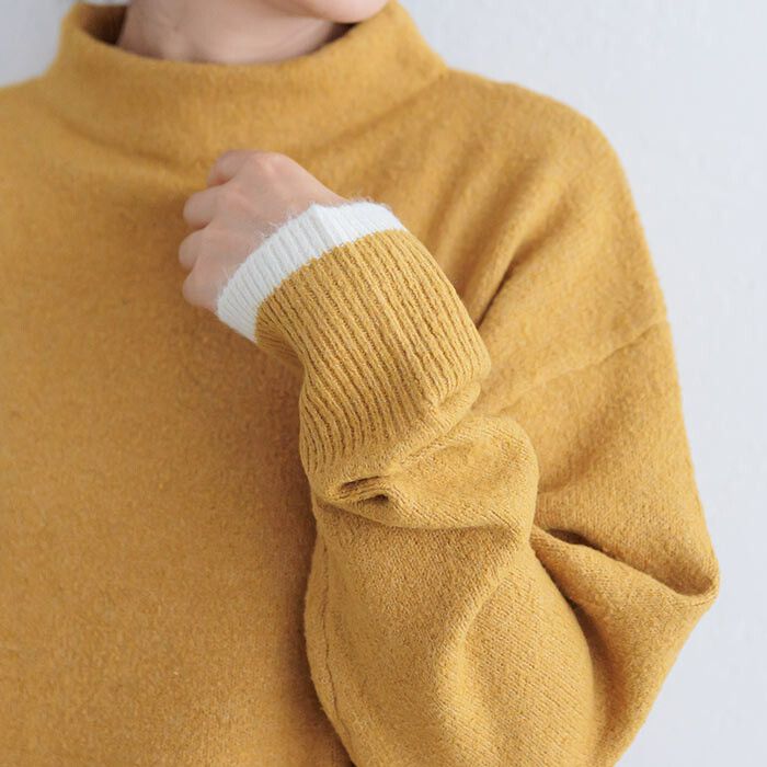 日本 ihuu - 下擺撞色立領針織毛衣-芥黃x杏