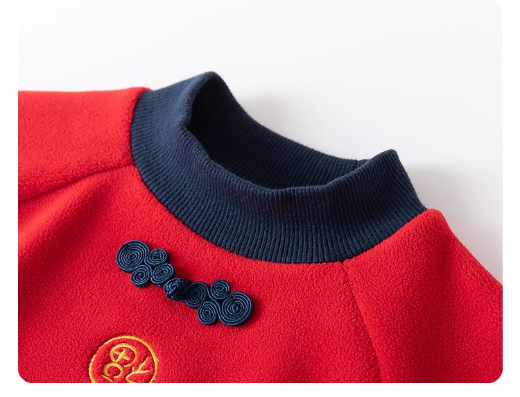 加絨喜氣洋洋半高領長袖上衣-年獸小口袋-紅色