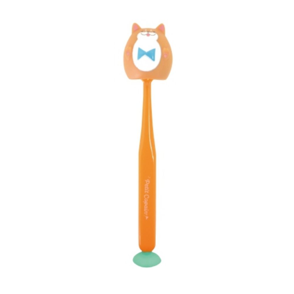 日本 U-COMPANY - 童趣動物上蓋吸盤式牙刷-柴犬-橘 (3y+)