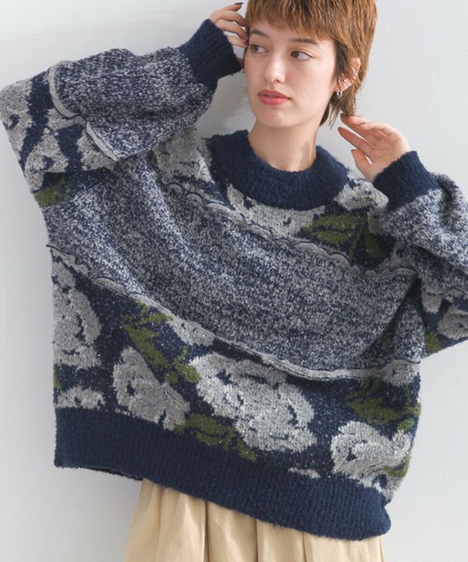 日本 Lupilien - 毛茸感華麗大花朵針織上衣-白x橘粉