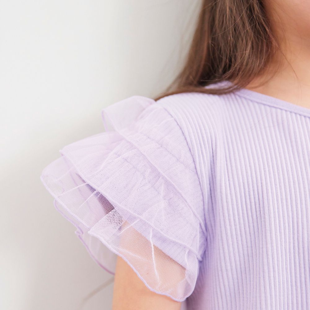 日本 evercloset - 柔軟羅紋獨角獸印花蕾絲袖上衣-粉紅