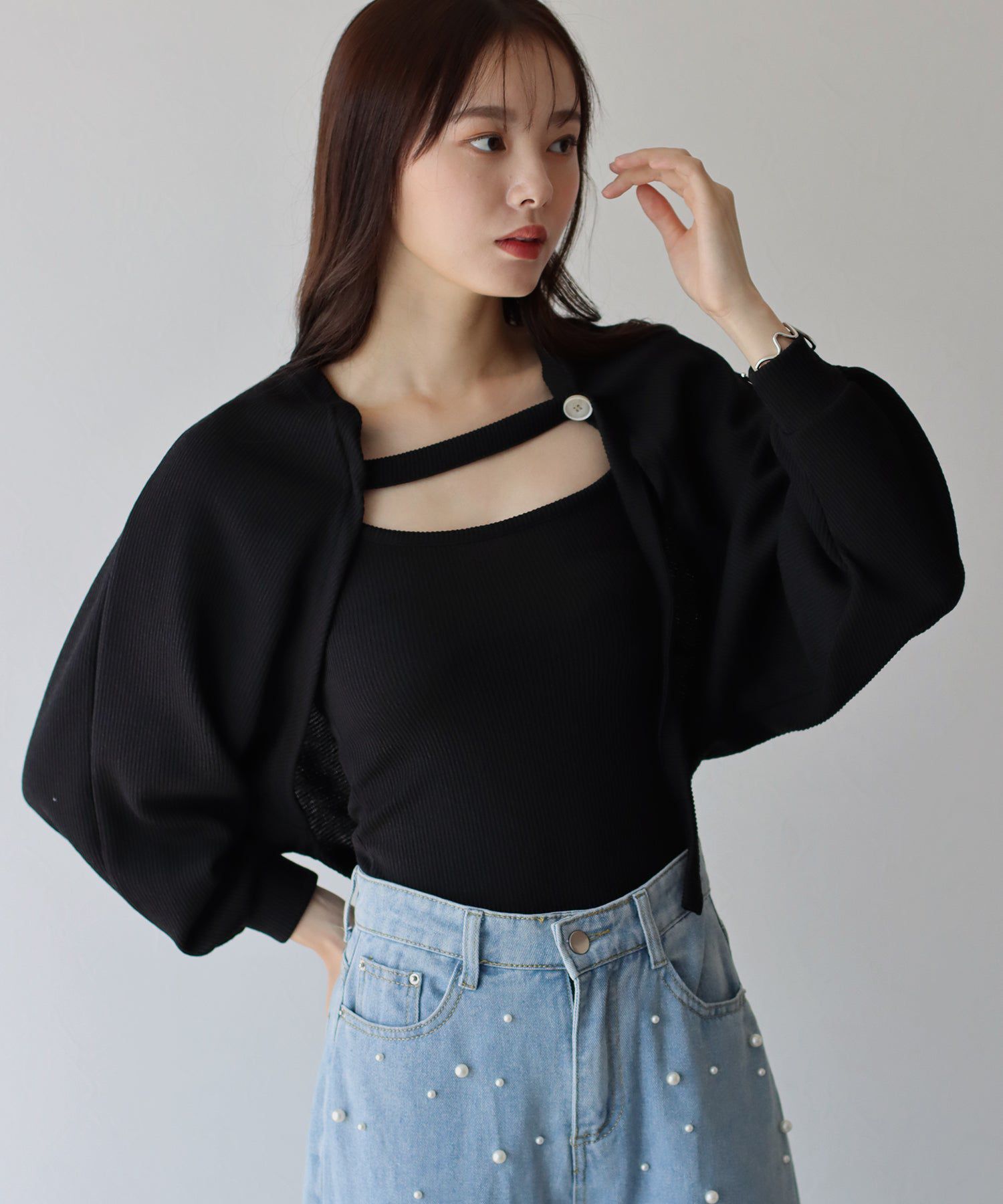 日本 BLUE EAST - 羅紋針織內搭x短版外套兩件組-黑