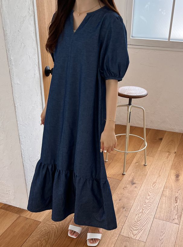 日本 GRL - 文藝少女荷葉領綁帶短袖洋裝-丹寧藍 (F)