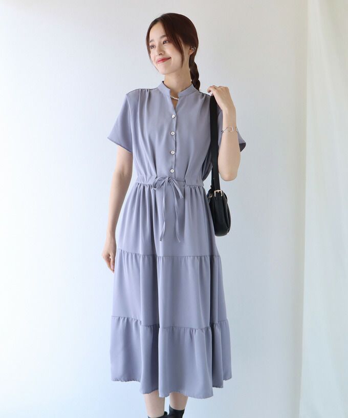 日本 BLUE EAST - 氣質小V領排釦短袖洋裝-木春菊-水藍 (M(Free))