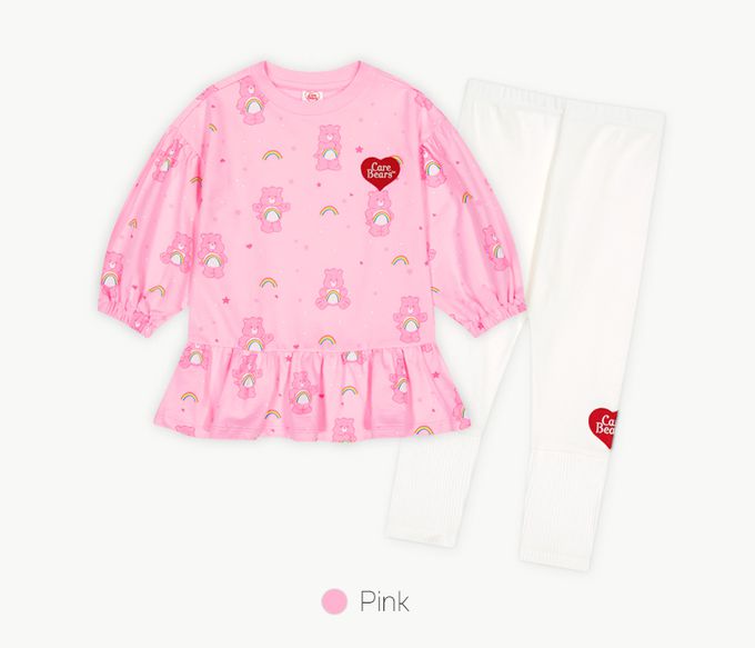 韓國 Care Bears - 聯名款彩虹熊熊長版內搭褲套裝-粉X白