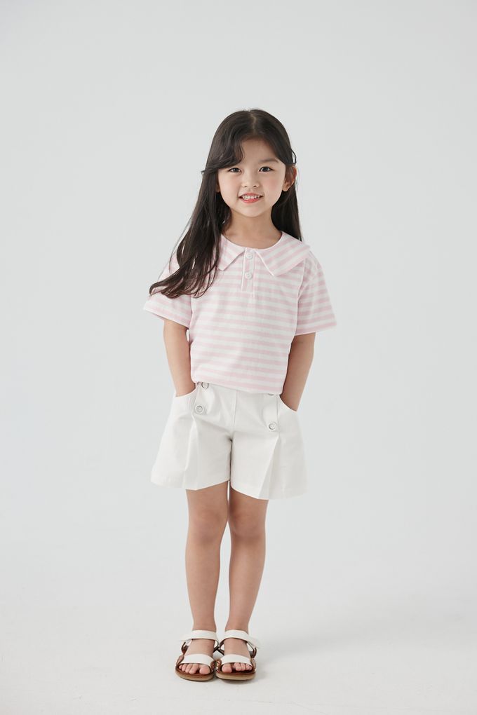 韓國 Coco Bang - 鬆緊腰裝飾釦抓褶短褲-深藍