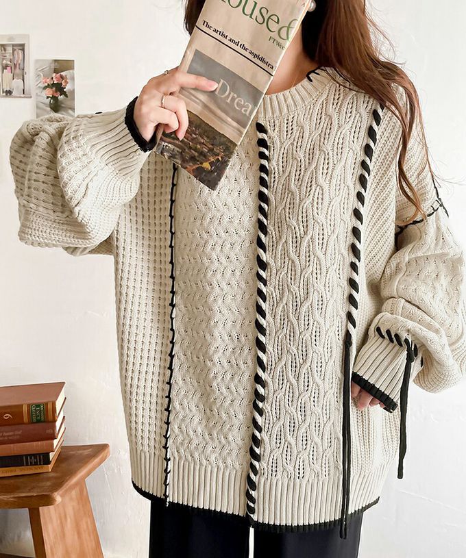 日本 Classical Elf - 2way跳色毛線編織寬鬆長版毛衣-黑