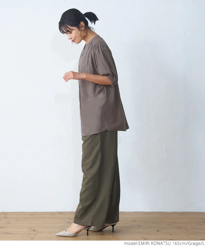 日本 COCA - 質感圓領泡泡短袖雪紡襯衫-白