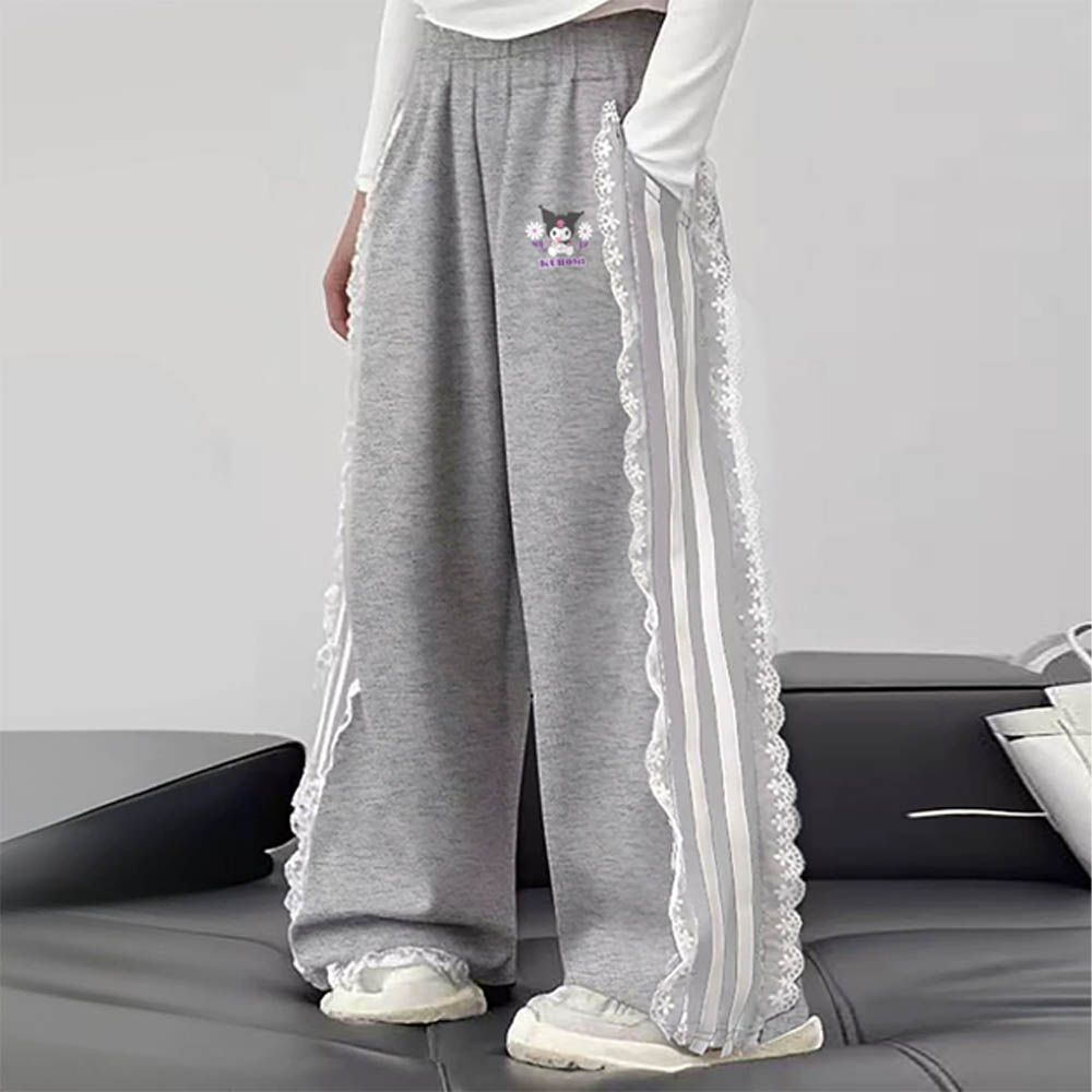 純棉側邊蕾絲拼接寬褲-卡通人物酷洛米-灰色