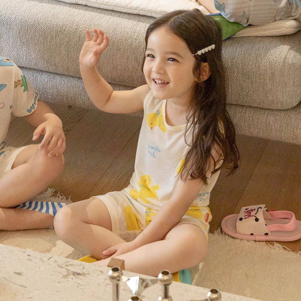 透氣嫘縈無袖家居服-快樂黃鴨-米