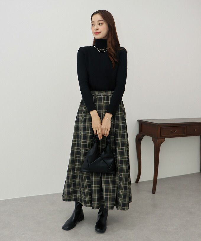 日本 BLUE EAST - 文藝細緻格紋顯瘦長裙-綠黃黑