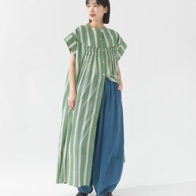日本 OMNES - 100%印度棉 輕盈襯衫式短袖洋裝-綠條紋