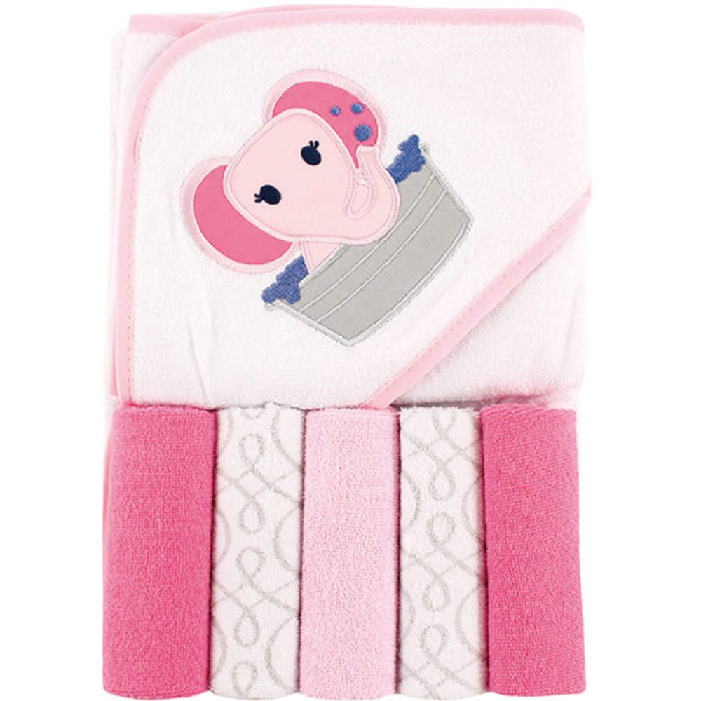 美國 Luvable Friends - 嬰幼兒毛圈包被+5入組方巾-洗澡大象