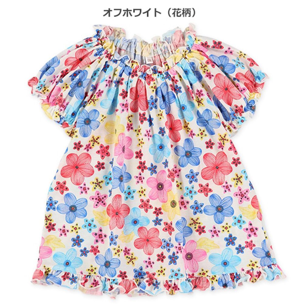 柔軟皺摺滿版印花短袖上衣-彩色花朵-白