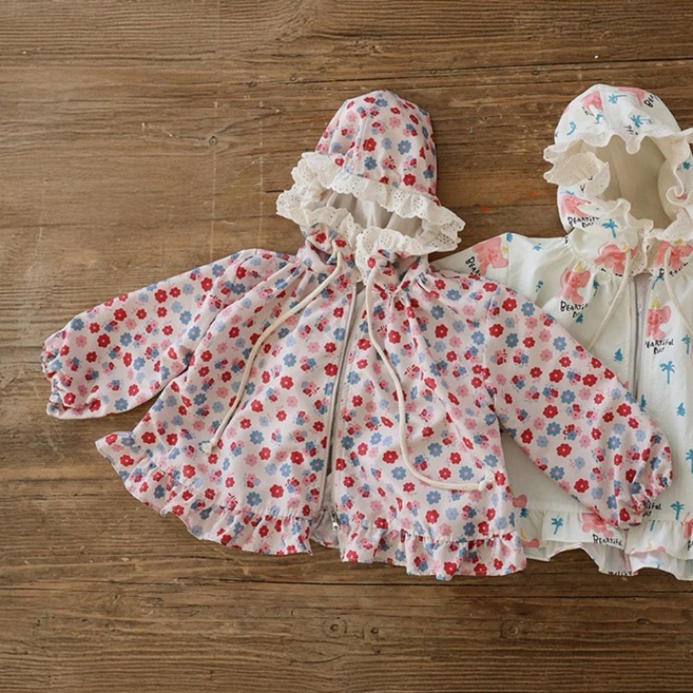 Puellaflo (不含帽子抽繩)蕾絲裝飾連帽擋風外套-花朵-粉