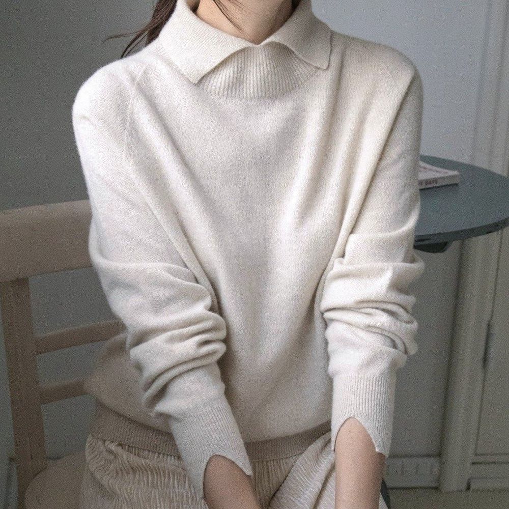 喀什米爾超細羊毛無縫翻領長袖針織上衣-燕麥米 (FREE)