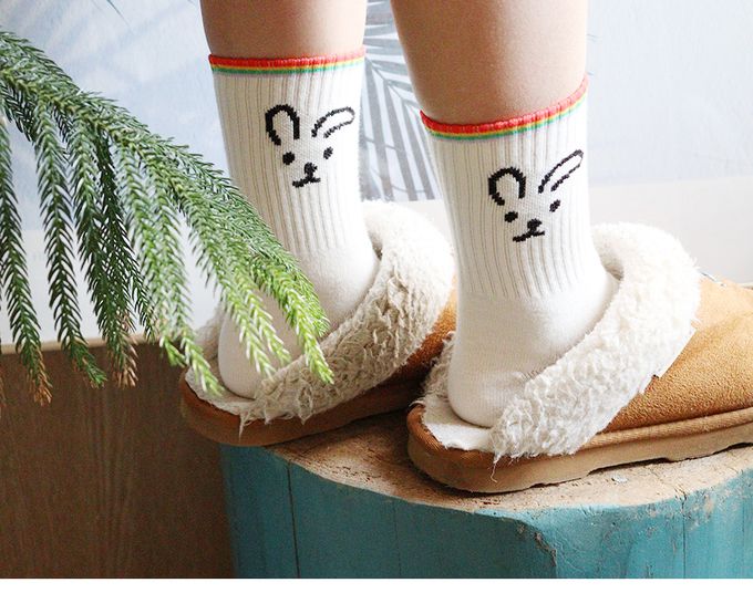 韓國 Kokacharm - 兒童中長襪/襪子三入組-LUCK兔兔-白X藍X紫