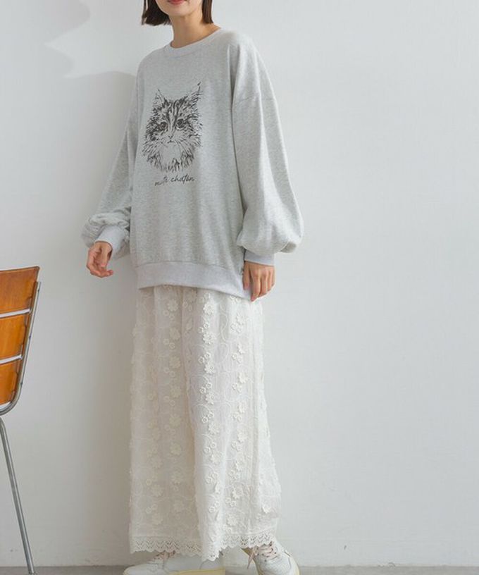 日本 Lupilien - 線條貓咪印花裏毛長袖上衣-淺灰