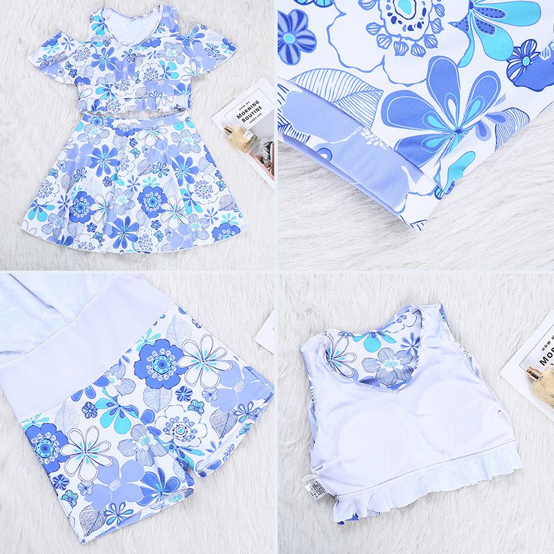 小清新高腰防走光露肩泳衣套裝-滿版花花-藍色