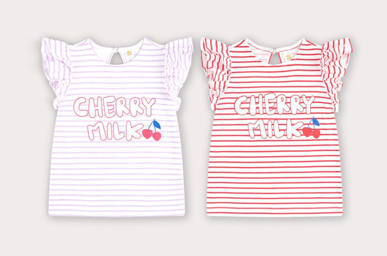 韓國 HEJMINI - 立體荷葉袖條紋櫻桃上衣-淺紫