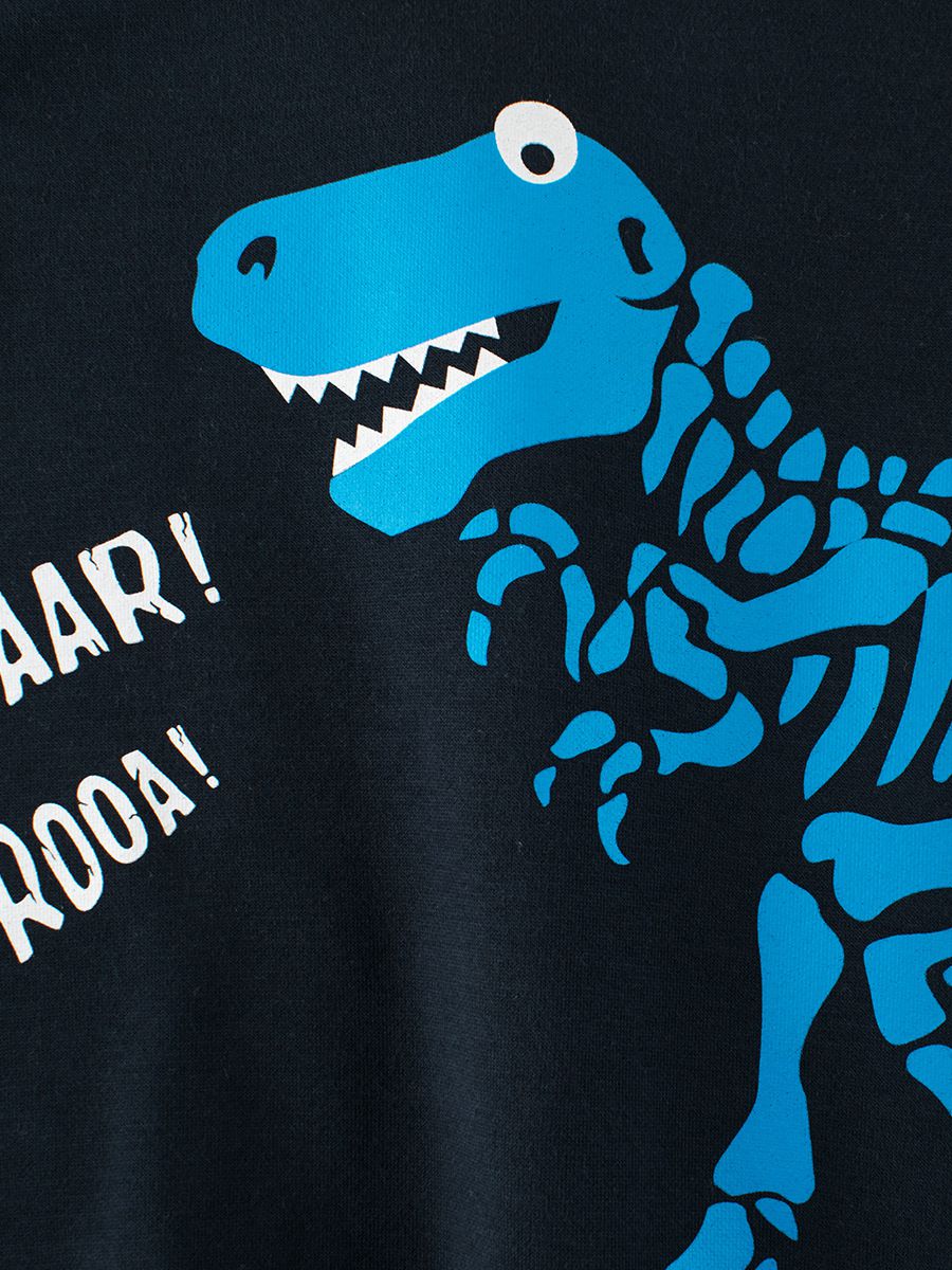 加絨棉質圓領長袖上衣/大學T-恐龍骨頭-深藍色