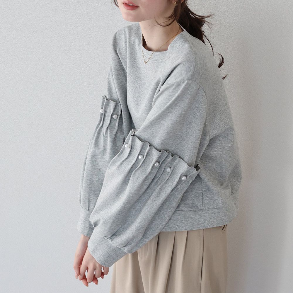 可愛珍珠皺摺造型寬版長袖上衣-淺灰