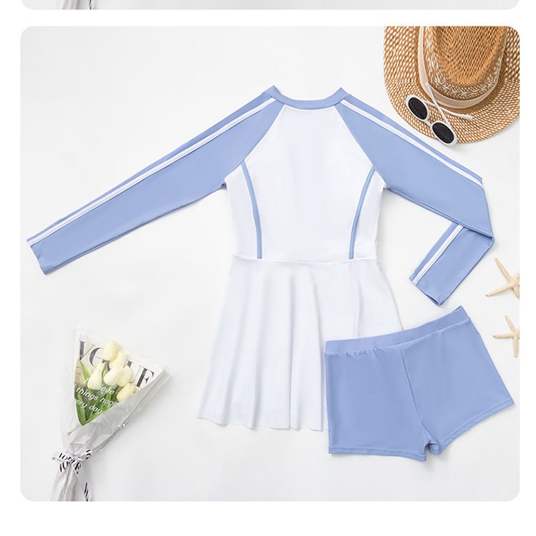 大童女孩運動風長袖連身裙泳衣-拼色款-藍+白