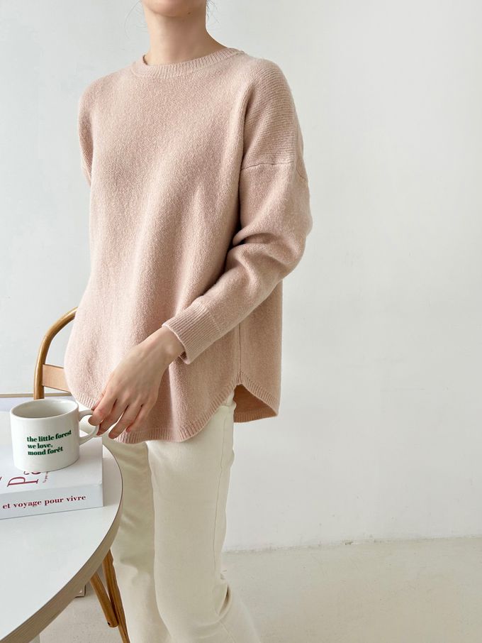 韓國女裝連線 - 極簡針織弧形下擺上衣-淺粉 (FREE)