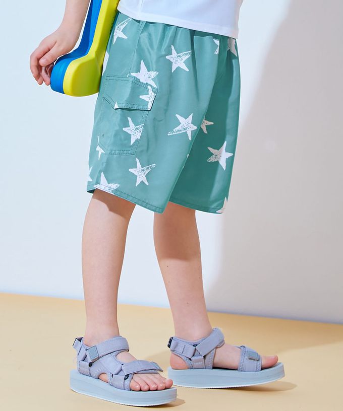 日本 devirock - 90%抗UV 鬆緊印花沙灘褲/泳褲(含內褲)-鯊魚-海軍藍