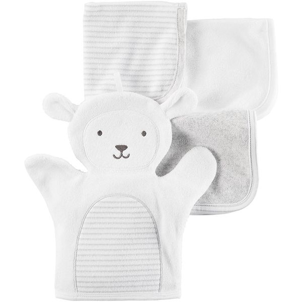 美國 Carter's - 嬰幼兒動物款式洗澡巾+洗澡手套四入組-白羊