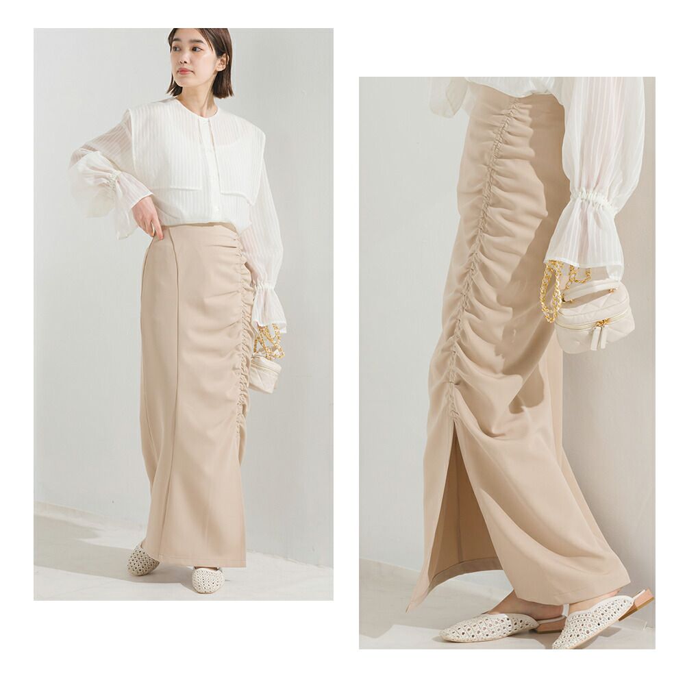 日本 OMNES - 優雅抽繩小開衩修身長裙-淺卡其