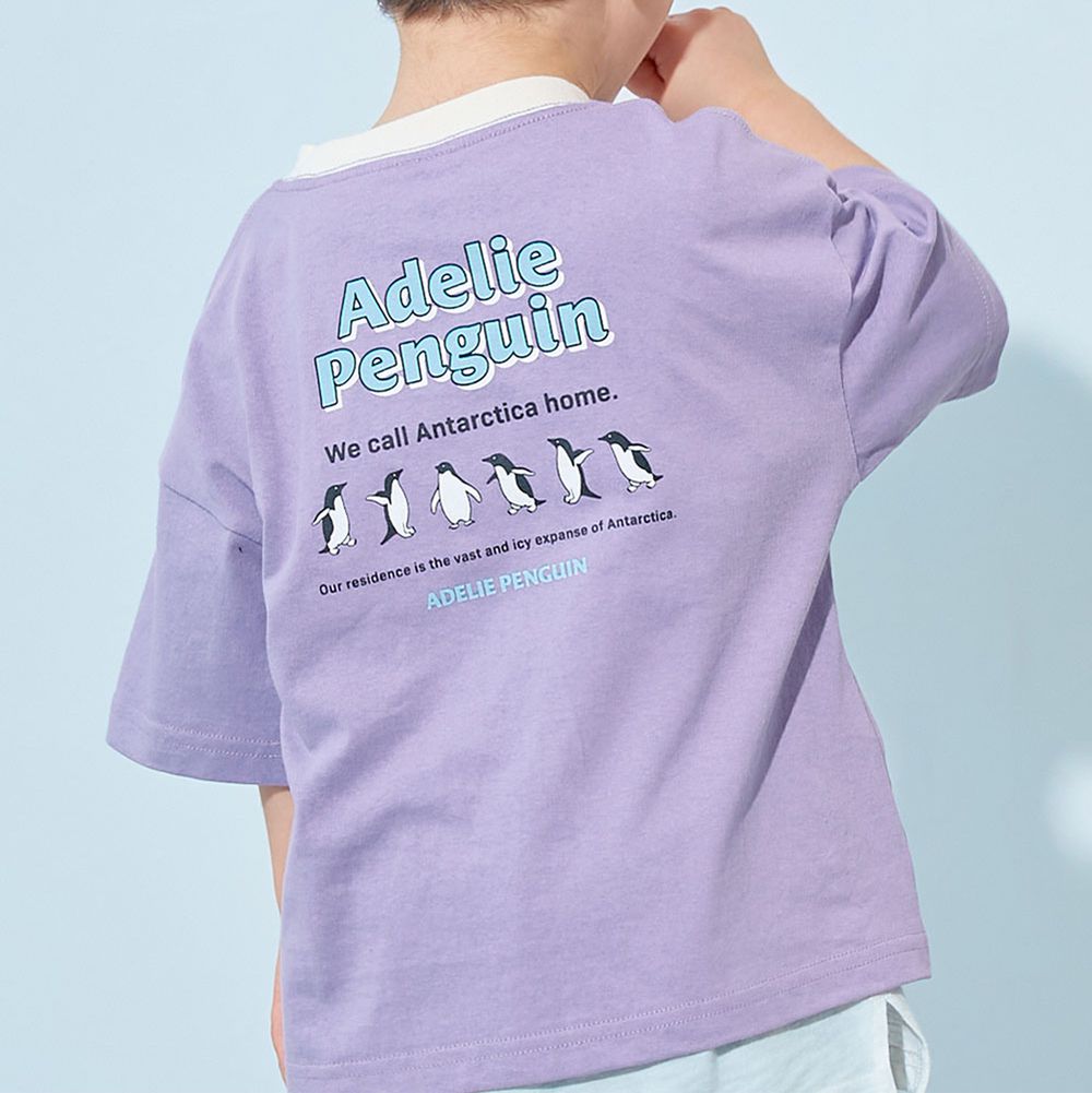 100%棉 定番印花短袖上衣-企鵝排列-紫羅蘭