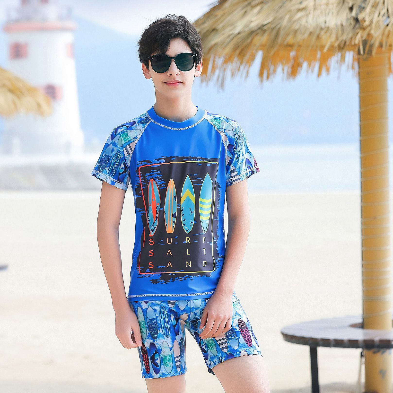 大童男孩短袖泳衣套裝(二件組)-衝浪板-藍色-泳衣、泳褲