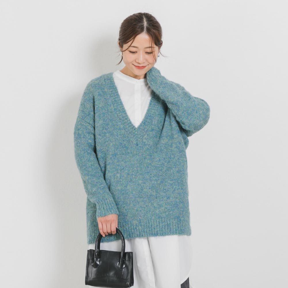日本 ihuu - 柔軟深V領混羊毛針織上衣-藍綠