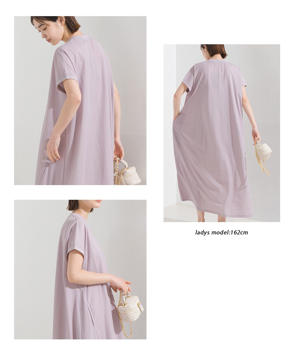 日本 OMNES - 涼感機能 嫘縈混圓領短袖洋裝-薰衣草