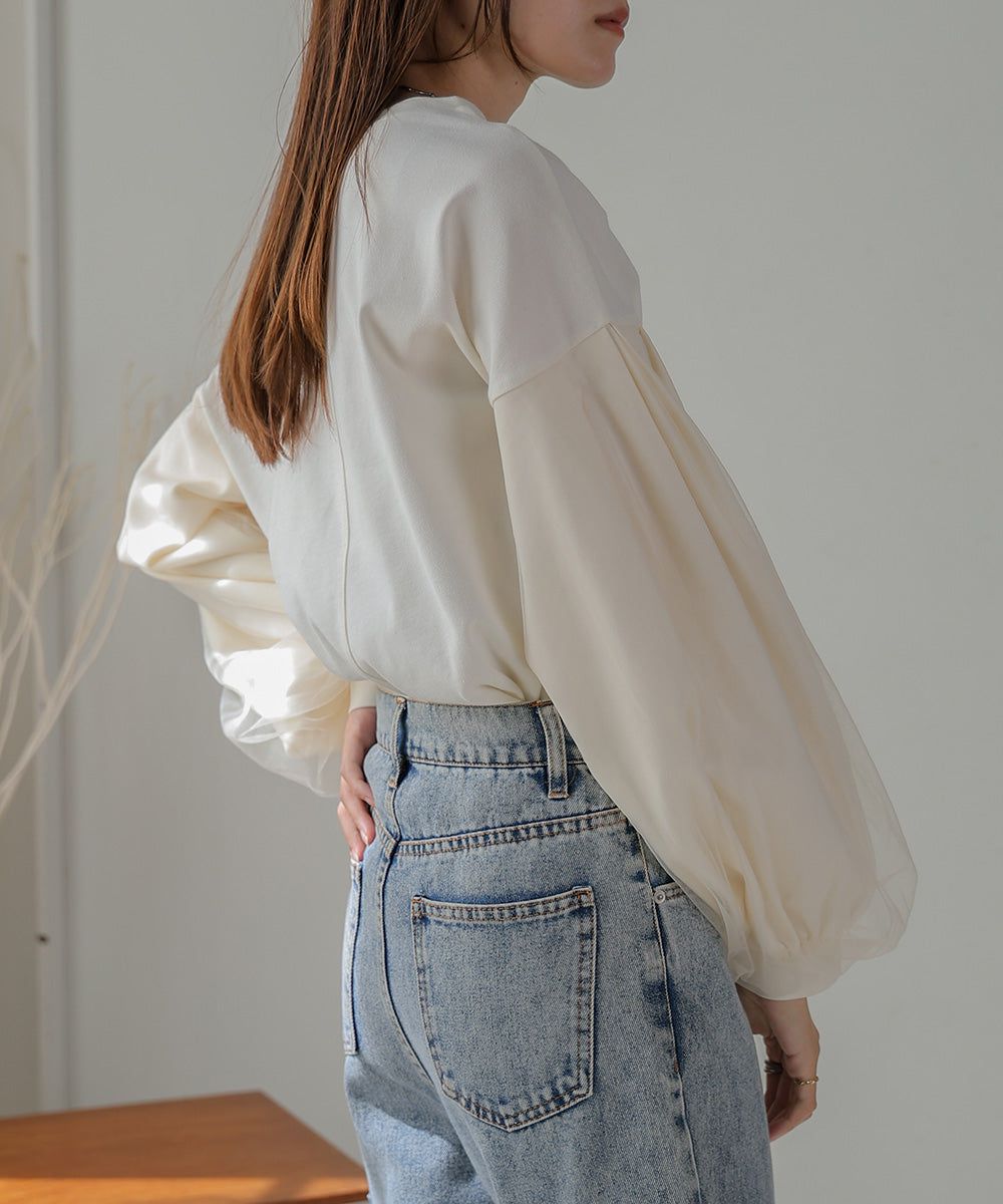 日本 Bab - 優雅拼接薄紗長袖上衣-深灰