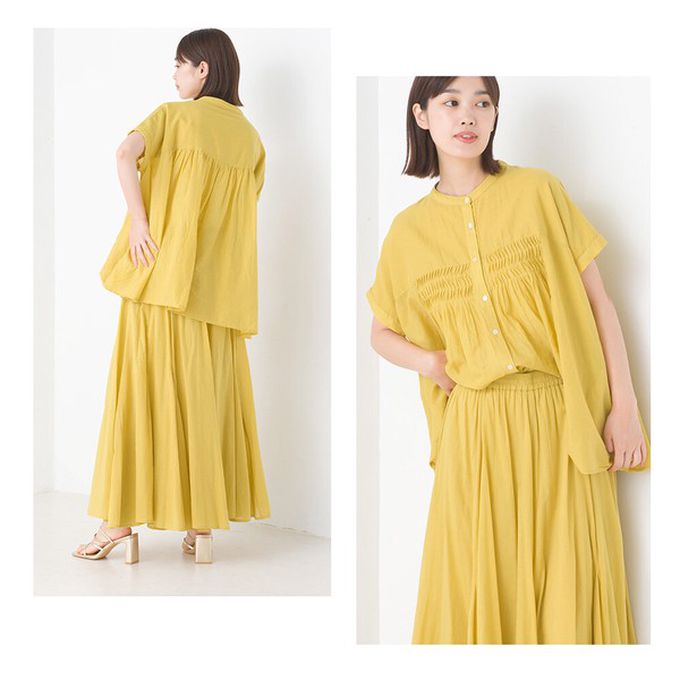 日本 OMNES - 100%印度棉 皺摺傘狀短袖襯衫-淺棕