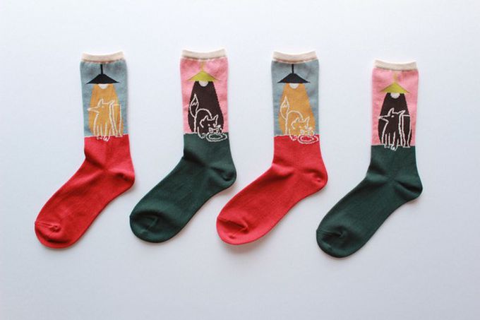 日本女裝代購 - 日本製 伊索寓言印花長襪-狐狸和鶴-藍綠 (23-25cm)