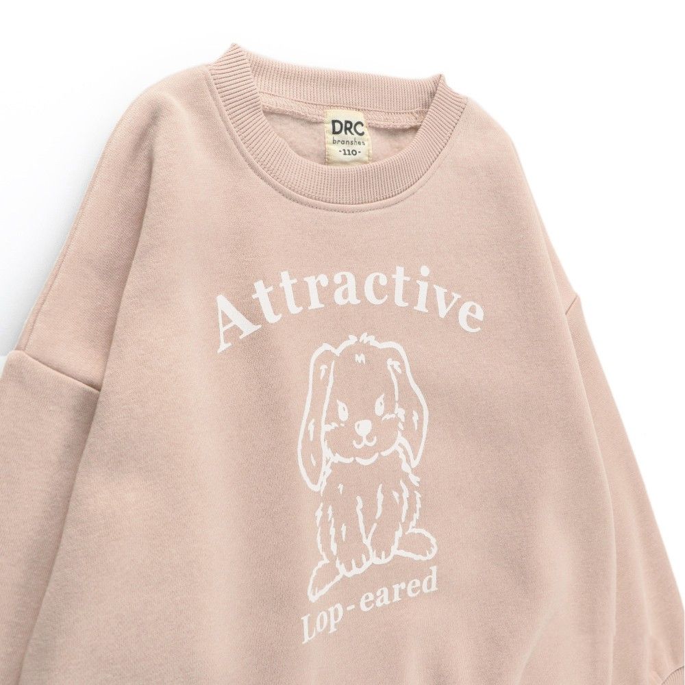 裏起毛 可愛女孩縮口長袖上衣-兔子-粉紅