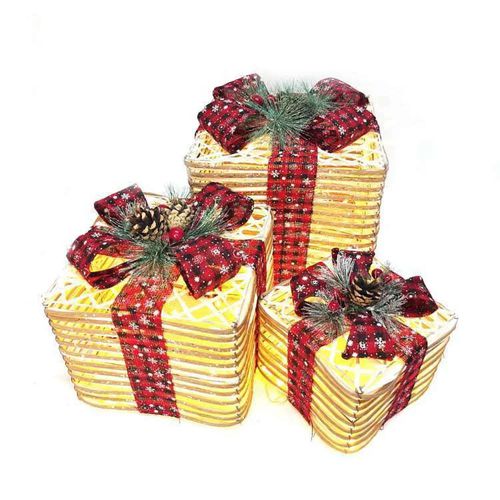 MODACore 摩達客 - 聖誕發光麻紙繩裝飾禮物盒套組擺飾(一組含大中小三入+內含LED燈)