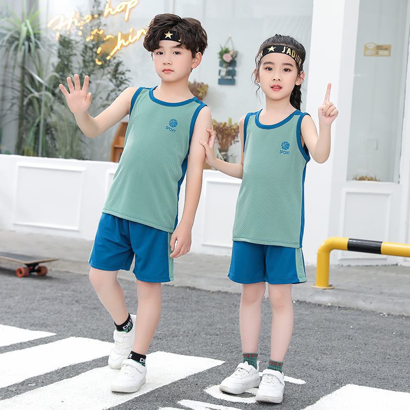 兒童速乾網眼短袖運動套裝-Sport籃球-淺灰色