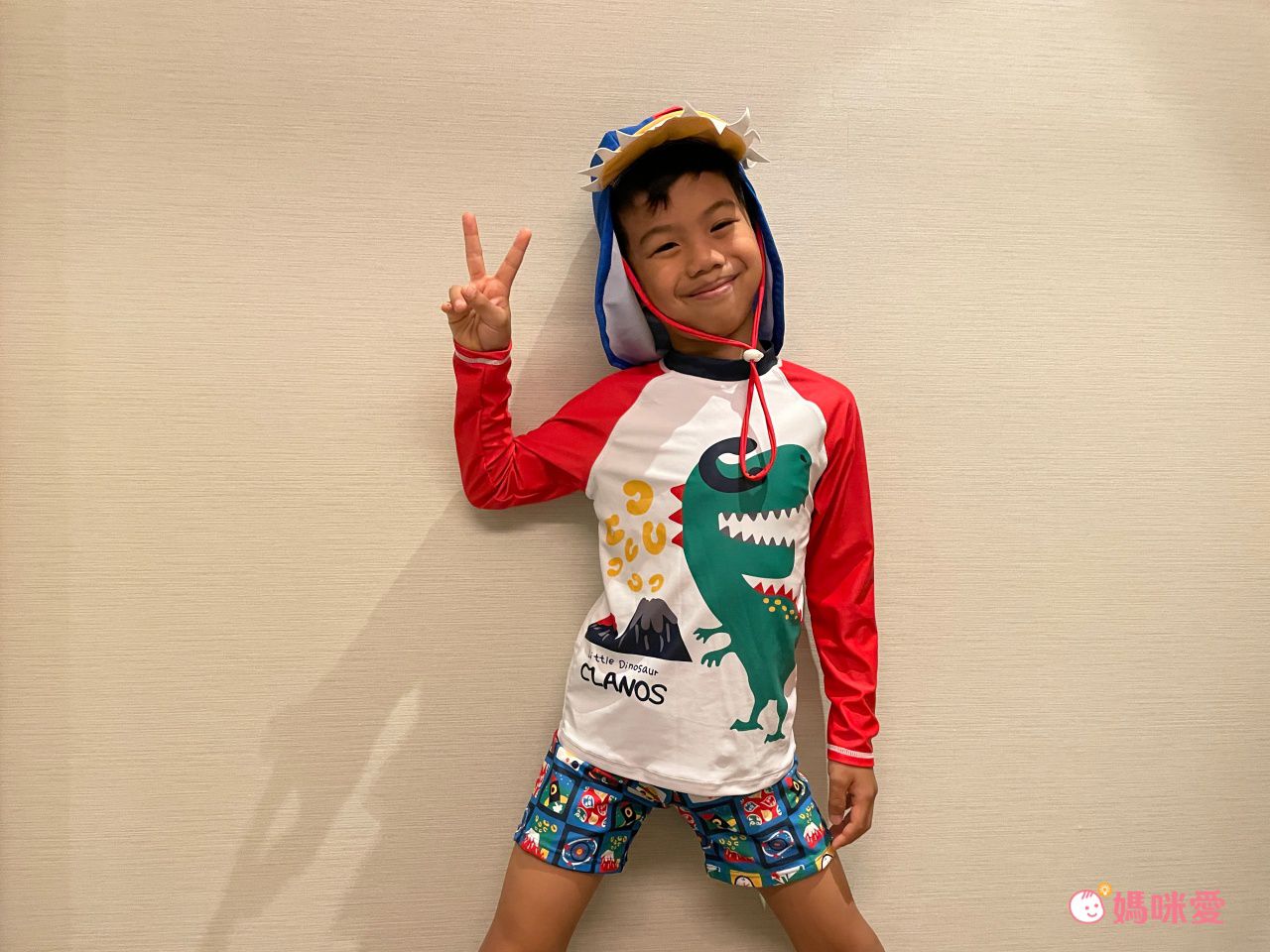 男寶長袖泳裝套裝(附帽子)-快樂恐龍-紅+白+藍