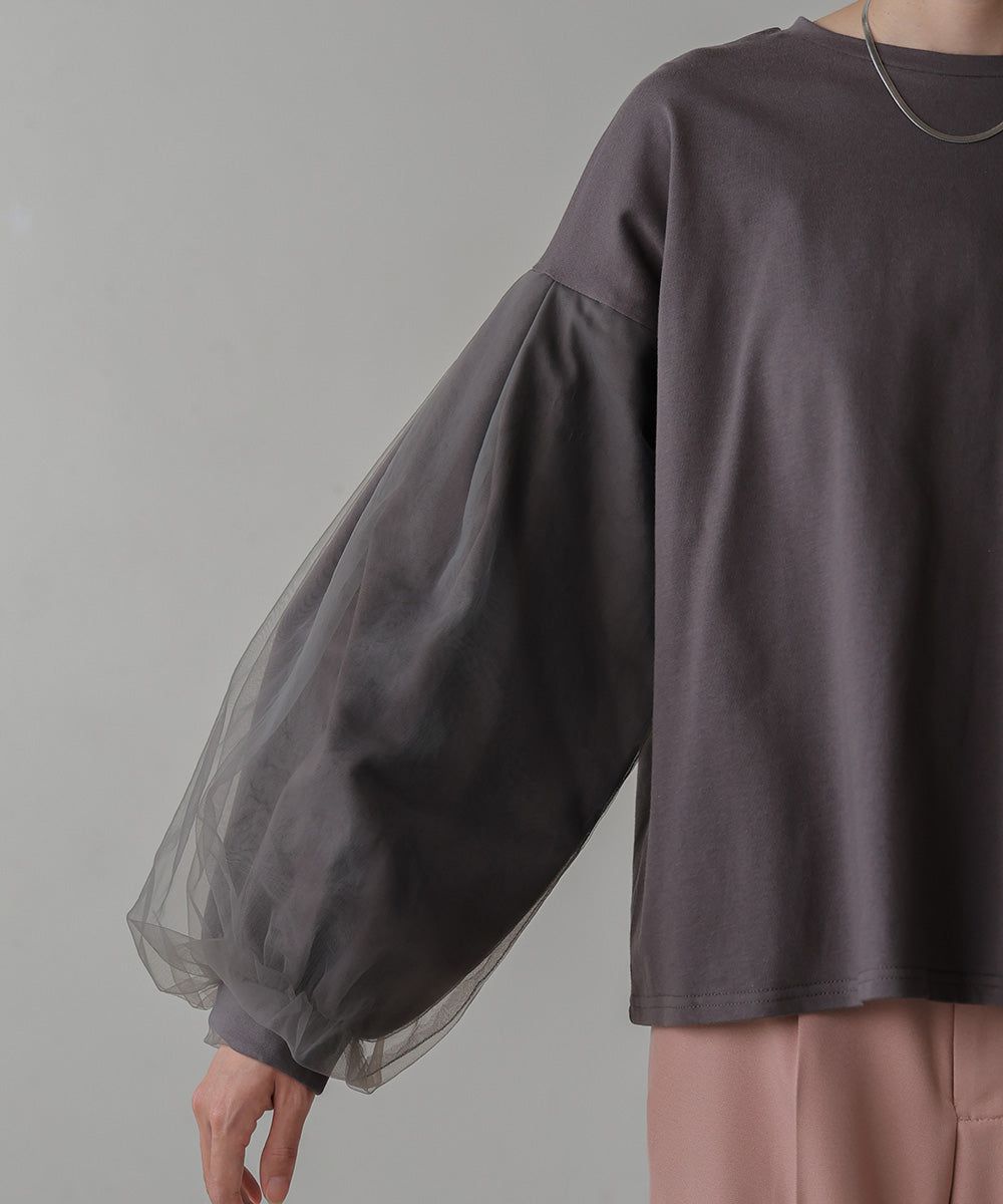 日本 Bab - 優雅拼接薄紗長袖上衣-深灰